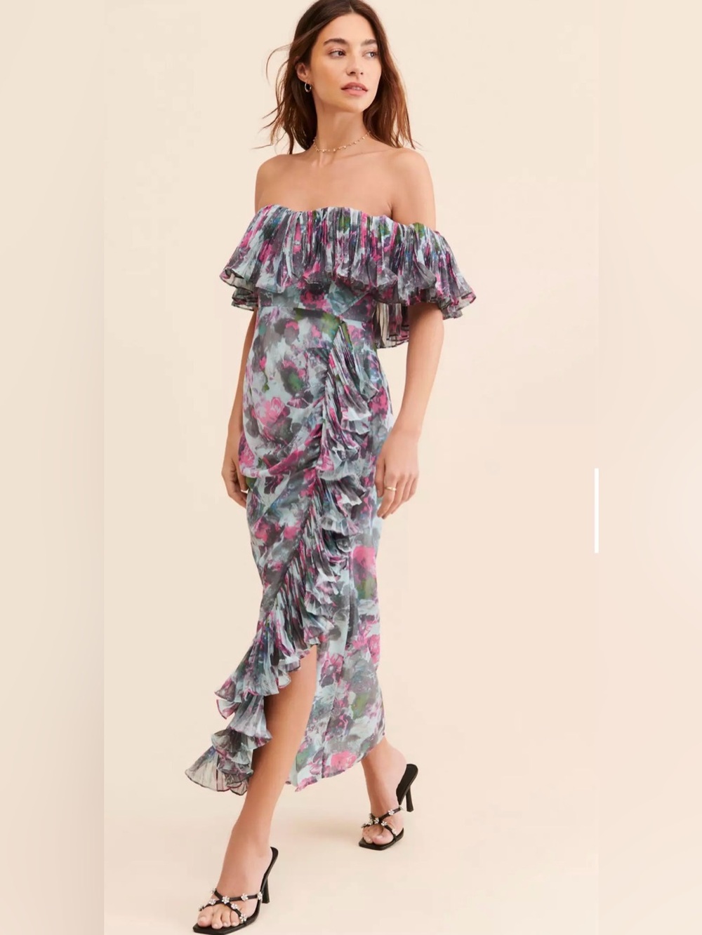 Anthropologie Strapless Floral Ruffle Maxi Dress - Pink, Green & Blue Size 4